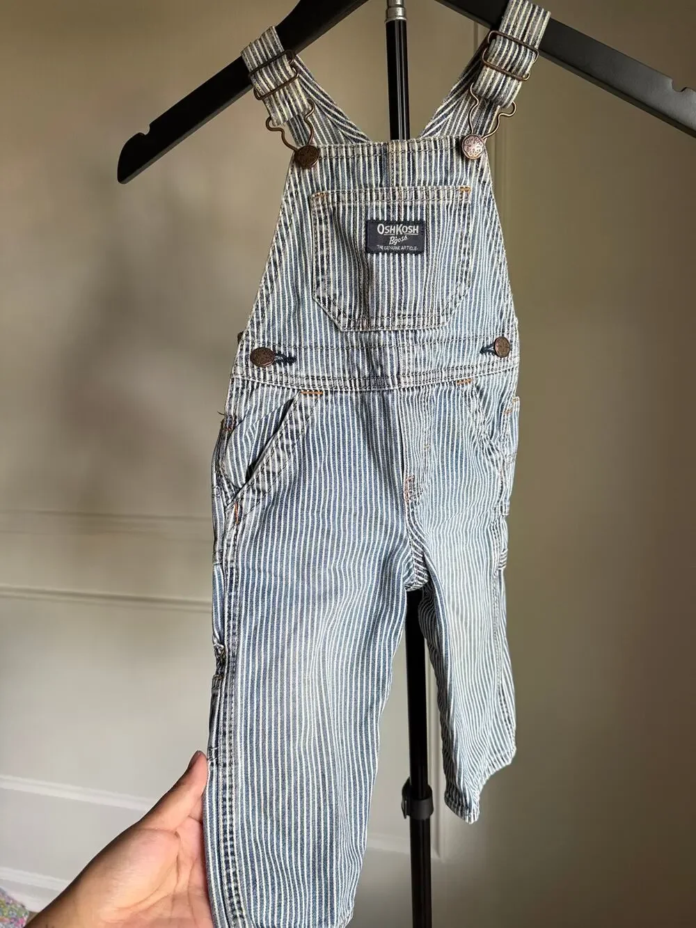Vintage OshKosh B'Gosh 12M Hickory Stripe Overalls Railroad Denim Baby USA